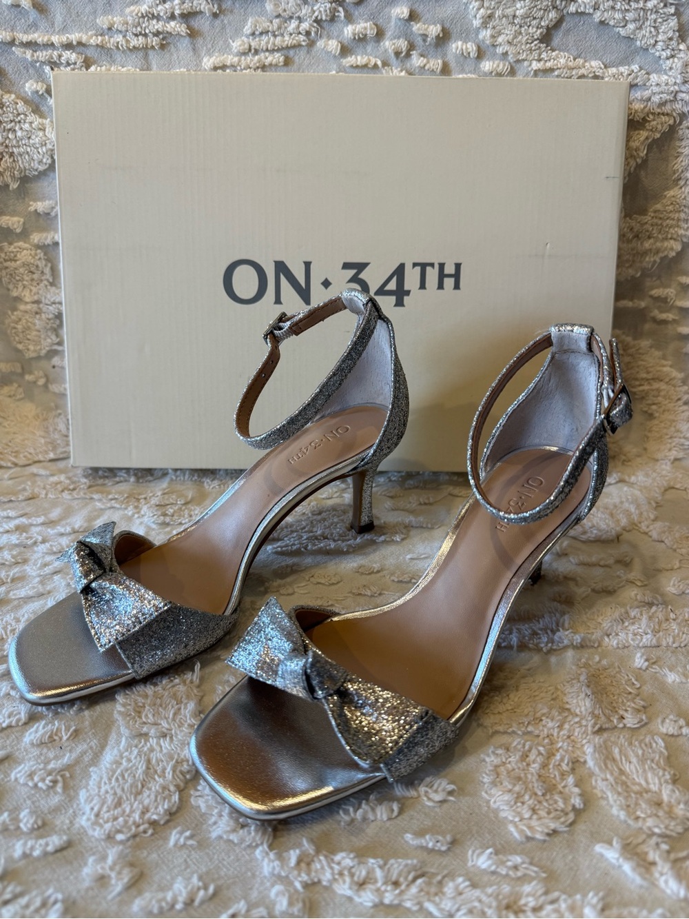 ON 34th Silver Glitter Bow Ankle-Strap Heels #664